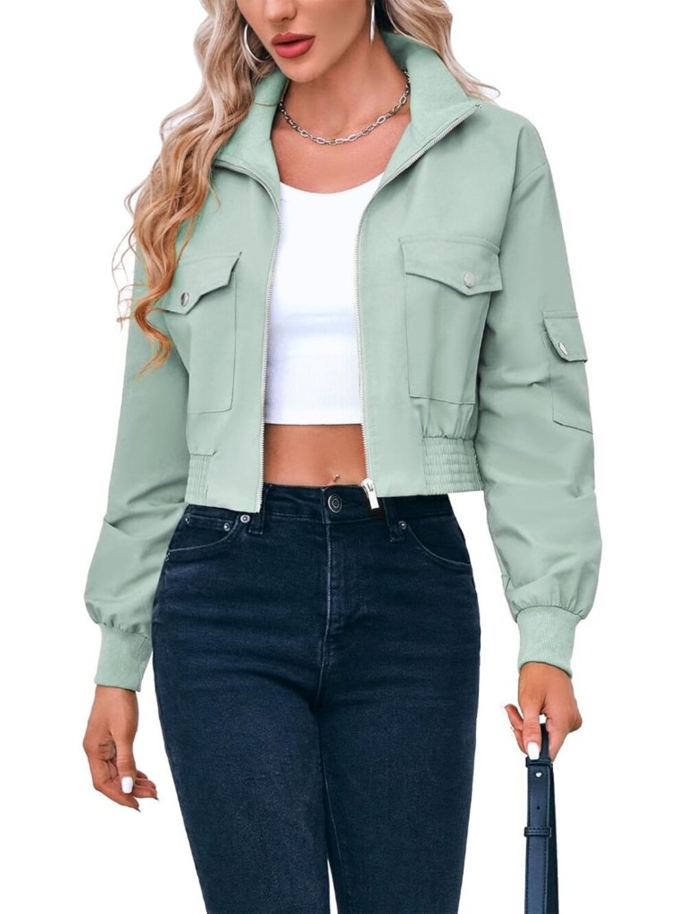 Women's Bomber Jackets Zip Up Stand Collar Short Jacket with Pockets Mint